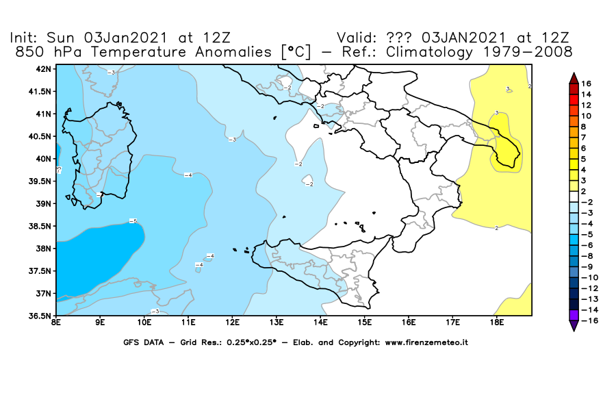 Mappa di analisi GFS - Anomalia Temperatura [°C] a 850 hPa in Sud-Italia
							del 03/01/2021 12 <!--googleoff: index-->UTC<!--googleon: index-->