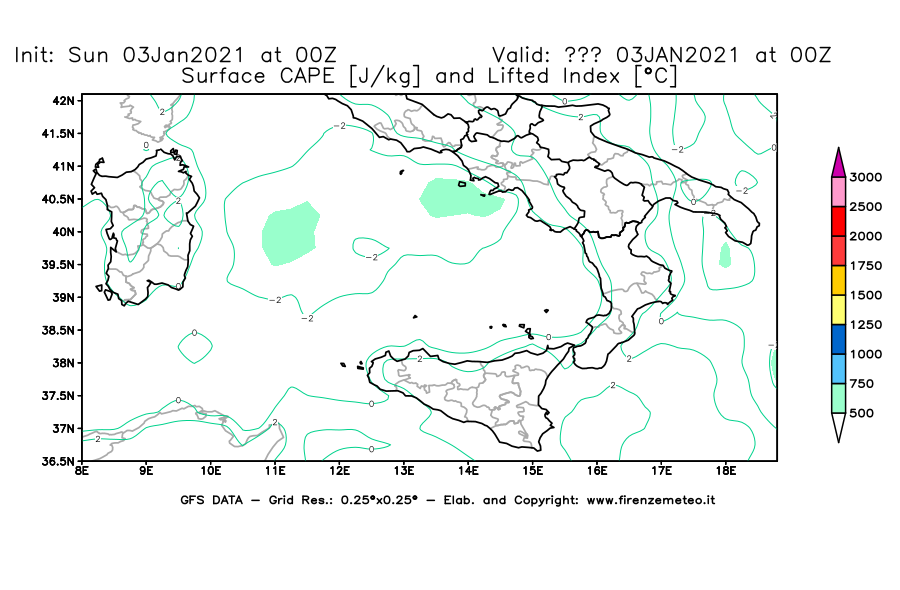 Mappa di analisi GFS - CAPE [J/kg] e Lifted Index [°C] in Sud-Italia
									del 03/01/2021 00 <!--googleoff: index-->UTC<!--googleon: index-->
