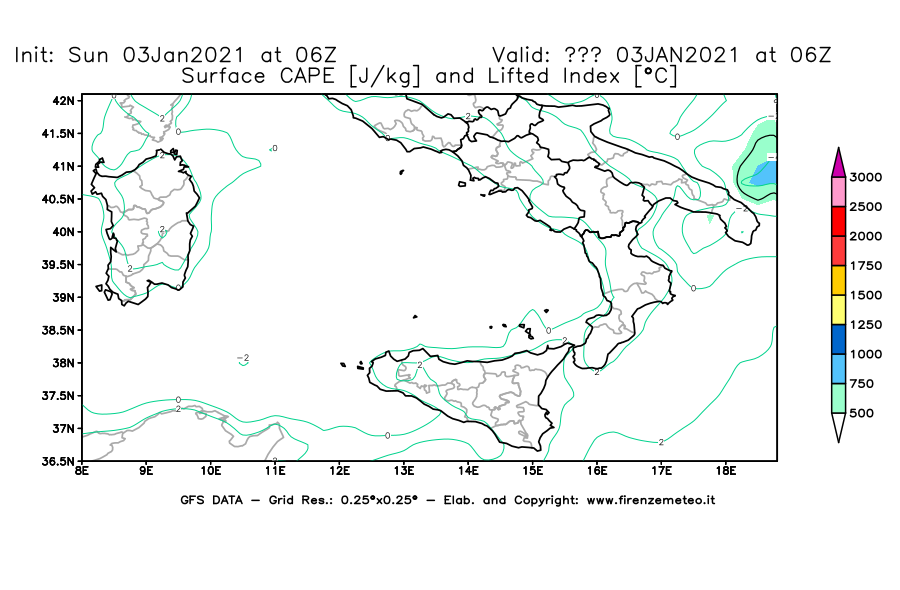 Mappa di analisi GFS - CAPE [J/kg] e Lifted Index [°C] in Sud-Italia
							del 03/01/2021 06 <!--googleoff: index-->UTC<!--googleon: index-->