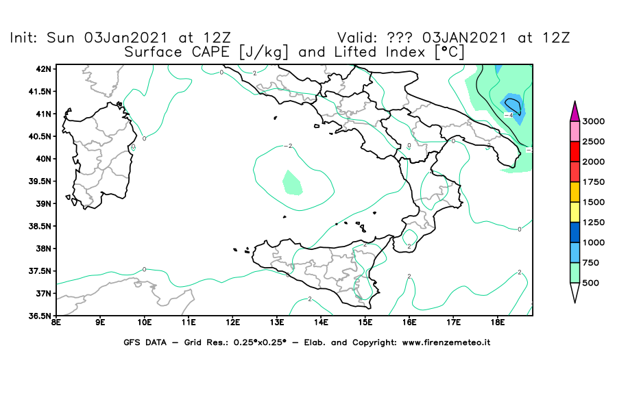 Mappa di analisi GFS - CAPE [J/kg] e Lifted Index [°C] in Sud-Italia
							del 03/01/2021 12 <!--googleoff: index-->UTC<!--googleon: index-->