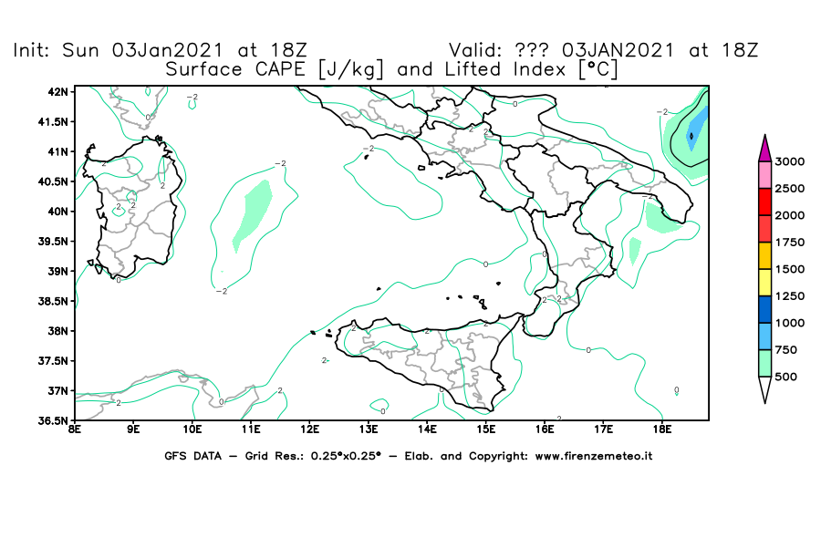 Mappa di analisi GFS - CAPE [J/kg] e Lifted Index [°C] in Sud-Italia
							del 03/01/2021 18 <!--googleoff: index-->UTC<!--googleon: index-->
