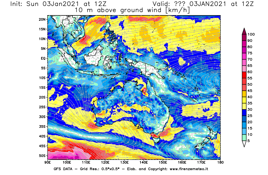 Mappa di analisi GFS - Velocità del vento a 10 metri dal suolo [km/h] in Oceania
									del 03/01/2021 12 <!--googleoff: index-->UTC<!--googleon: index-->