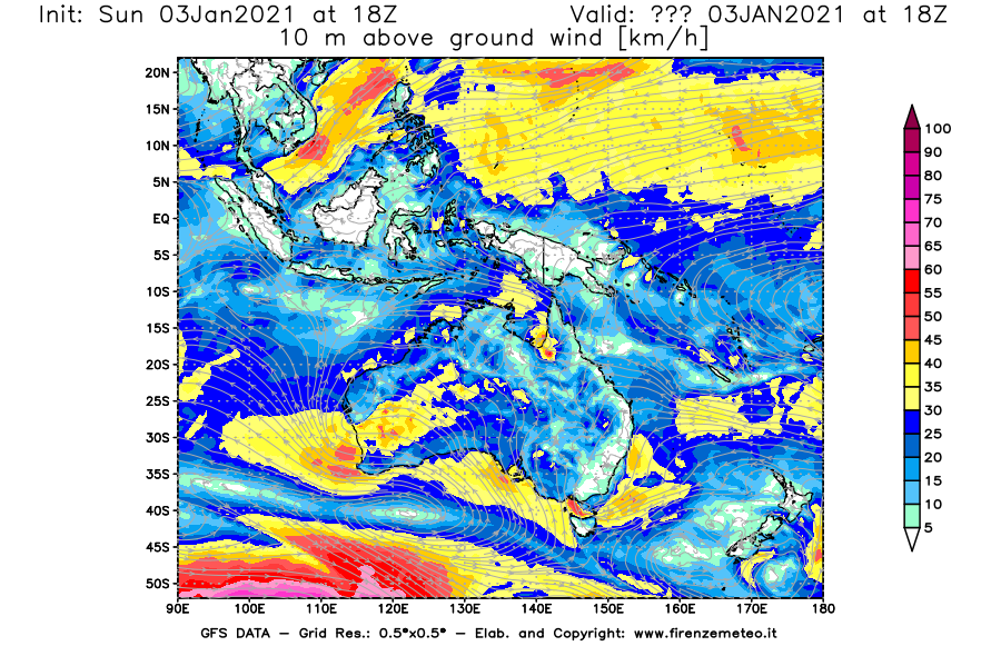 Mappa di analisi GFS - Velocità del vento a 10 metri dal suolo [km/h] in Oceania
									del 03/01/2021 18 <!--googleoff: index-->UTC<!--googleon: index-->