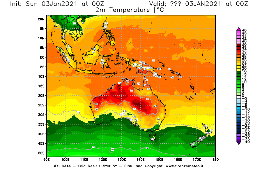Mappa di analisi GFS - Temperatura a 2 metri dal suolo [°C] in Oceania
							del 03/01/2021 00 <!--googleoff: index-->UTC<!--googleon: index-->