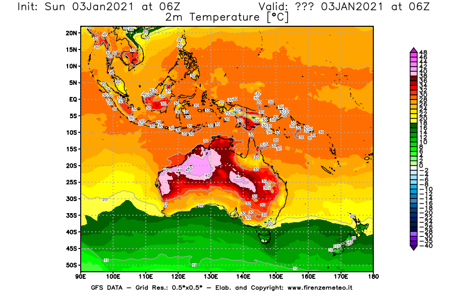 Mappa di analisi GFS - Temperatura a 2 metri dal suolo [°C] in Oceania
									del 03/01/2021 06 <!--googleoff: index-->UTC<!--googleon: index-->