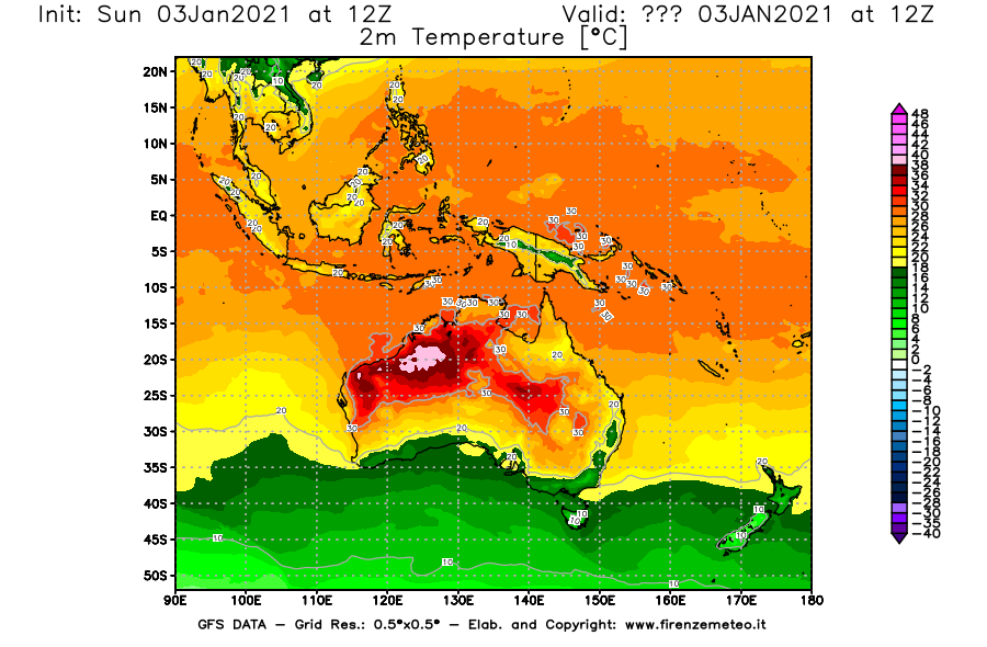 Mappa di analisi GFS - Temperatura a 2 metri dal suolo [°C] in Oceania
									del 03/01/2021 12 <!--googleoff: index-->UTC<!--googleon: index-->