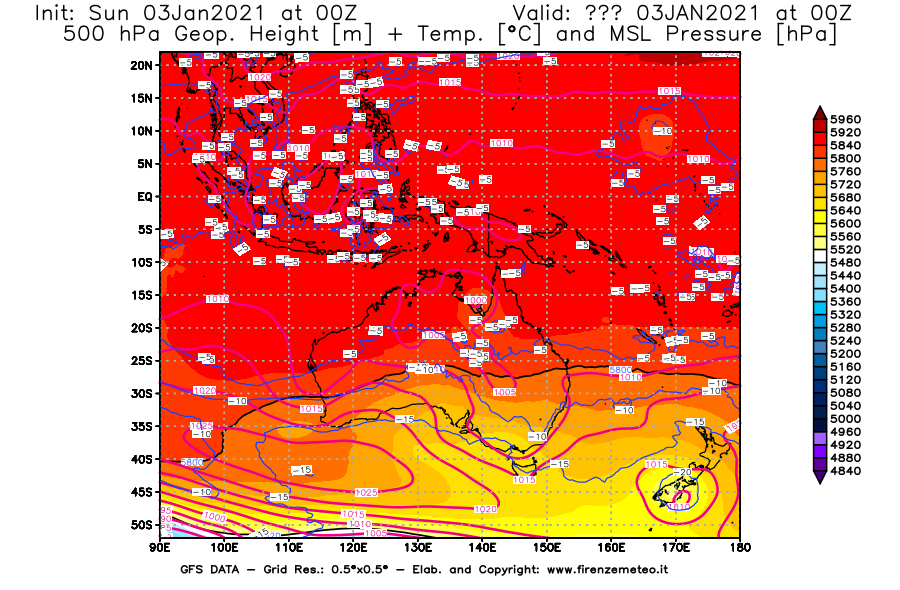 Mappa di analisi GFS - Geopotenziale [m] + Temp. [°C] a 500 hPa + Press. a livello del mare [hPa] in Oceania
							del 03/01/2021 00 <!--googleoff: index-->UTC<!--googleon: index-->