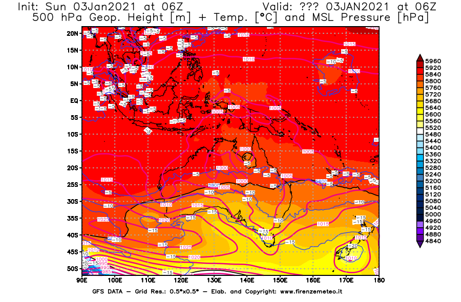 Mappa di analisi GFS - Geopotenziale [m] + Temp. [°C] a 500 hPa + Press. a livello del mare [hPa] in Oceania
									del 03/01/2021 06 <!--googleoff: index-->UTC<!--googleon: index-->