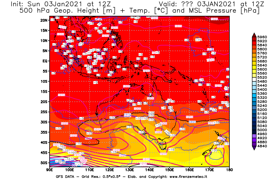 Mappa di analisi GFS - Geopotenziale [m] + Temp. [°C] a 500 hPa + Press. a livello del mare [hPa] in Oceania
									del 03/01/2021 12 <!--googleoff: index-->UTC<!--googleon: index-->