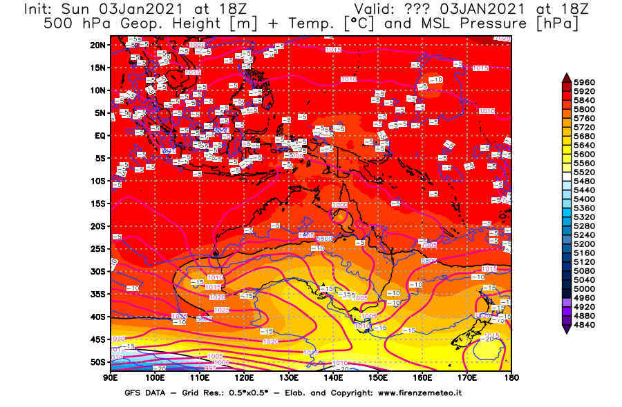 Mappa di analisi GFS - Geopotenziale [m] + Temp. [°C] a 500 hPa + Press. a livello del mare [hPa] in Oceania
							del 03/01/2021 18 <!--googleoff: index-->UTC<!--googleon: index-->