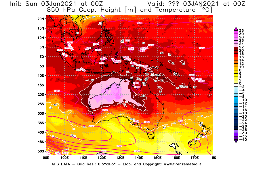 Mappa di analisi GFS - Geopotenziale [m] e Temperatura [°C] a 850 hPa in Oceania
							del 03/01/2021 00 <!--googleoff: index-->UTC<!--googleon: index-->