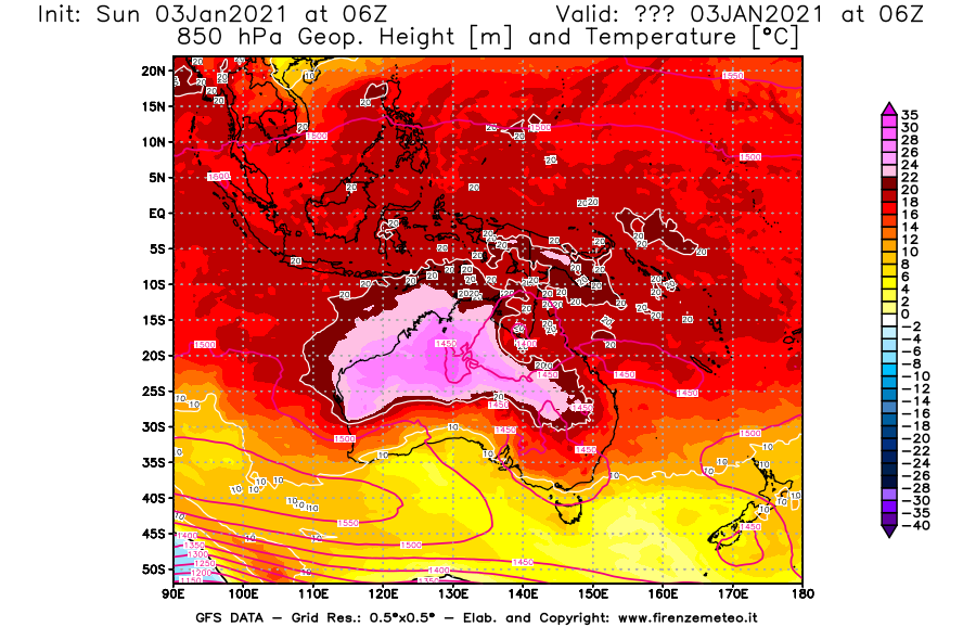 Mappa di analisi GFS - Geopotenziale [m] e Temperatura [°C] a 850 hPa in Oceania
							del 03/01/2021 06 <!--googleoff: index-->UTC<!--googleon: index-->