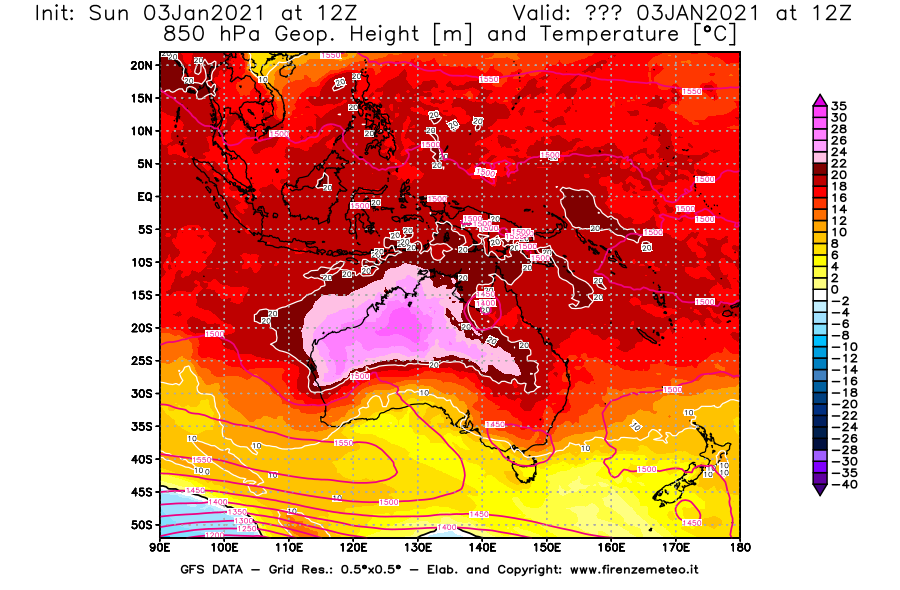 Mappa di analisi GFS - Geopotenziale [m] e Temperatura [°C] a 850 hPa in Oceania
							del 03/01/2021 12 <!--googleoff: index-->UTC<!--googleon: index-->