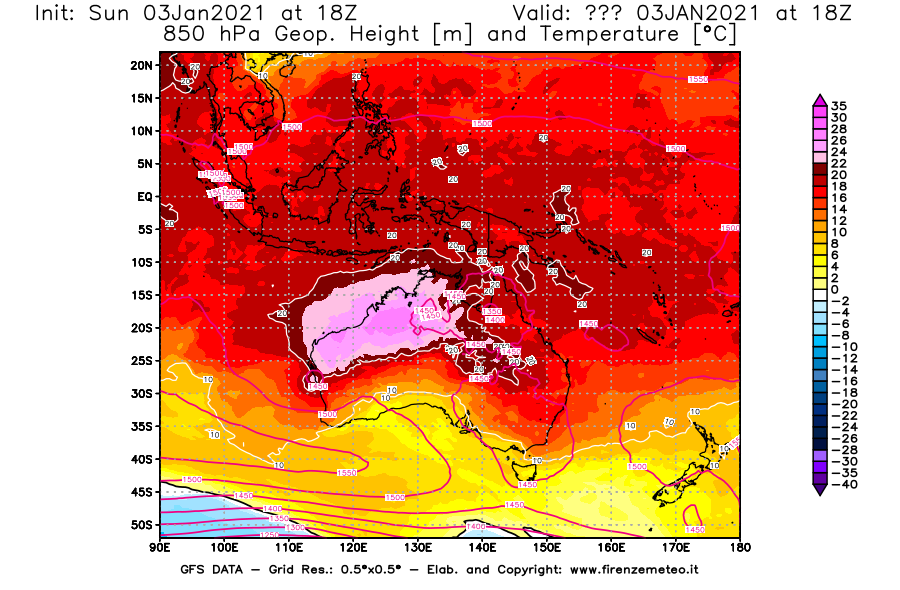 Mappa di analisi GFS - Geopotenziale [m] e Temperatura [°C] a 850 hPa in Oceania
							del 03/01/2021 18 <!--googleoff: index-->UTC<!--googleon: index-->