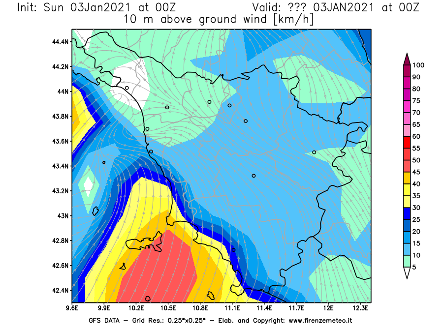 Mappa di analisi GFS - Velocità del vento a 10 metri dal suolo [km/h] in Toscana
							del 03/01/2021 00 <!--googleoff: index-->UTC<!--googleon: index-->
