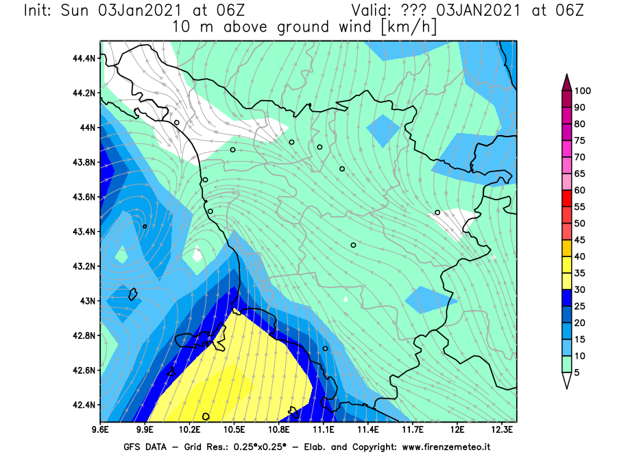 Mappa di analisi GFS - Velocità del vento a 10 metri dal suolo [km/h] in Toscana
									del 03/01/2021 06 <!--googleoff: index-->UTC<!--googleon: index-->