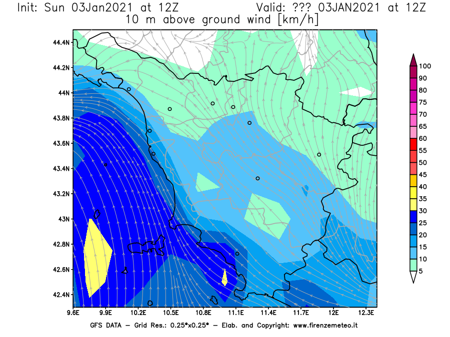 Mappa di analisi GFS - Velocità del vento a 10 metri dal suolo [km/h] in Toscana
									del 03/01/2021 12 <!--googleoff: index-->UTC<!--googleon: index-->