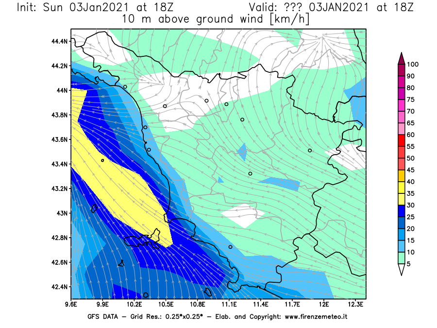 Mappa di analisi GFS - Velocità del vento a 10 metri dal suolo [km/h] in Toscana
									del 03/01/2021 18 <!--googleoff: index-->UTC<!--googleon: index-->