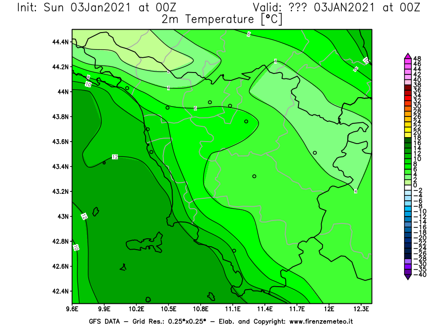 Mappa di analisi GFS - Temperatura a 2 metri dal suolo [°C] in Toscana
							del 03/01/2021 00 <!--googleoff: index-->UTC<!--googleon: index-->