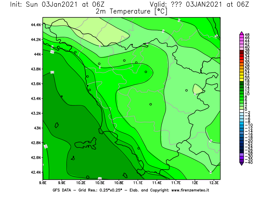 Mappa di analisi GFS - Temperatura a 2 metri dal suolo [°C] in Toscana
							del 03/01/2021 06 <!--googleoff: index-->UTC<!--googleon: index-->