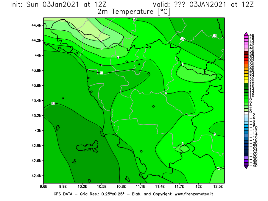 Mappa di analisi GFS - Temperatura a 2 metri dal suolo [°C] in Toscana
									del 03/01/2021 12 <!--googleoff: index-->UTC<!--googleon: index-->