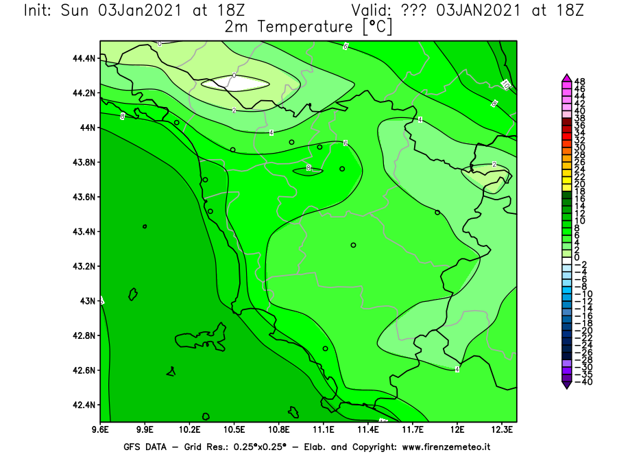Mappa di analisi GFS - Temperatura a 2 metri dal suolo [°C] in Toscana
							del 03/01/2021 18 <!--googleoff: index-->UTC<!--googleon: index-->