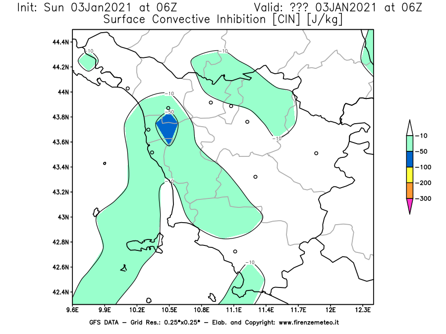 Mappa di analisi GFS - CIN [J/kg] in Toscana
									del 03/01/2021 06 <!--googleoff: index-->UTC<!--googleon: index-->