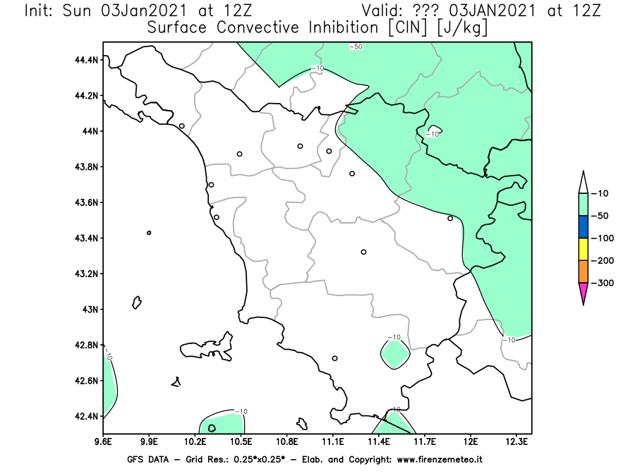 Mappa di analisi GFS - CIN [J/kg] in Toscana
							del 03/01/2021 12 <!--googleoff: index-->UTC<!--googleon: index-->