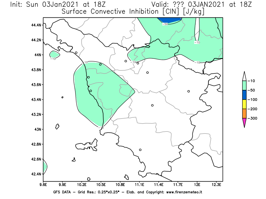 Mappa di analisi GFS - CIN [J/kg] in Toscana
							del 03/01/2021 18 <!--googleoff: index-->UTC<!--googleon: index-->