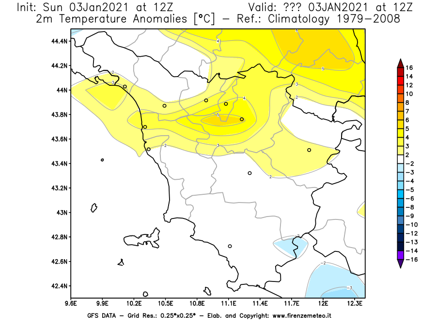 Mappa di analisi GFS - Anomalia Temperatura [°C] a 2 m in Toscana
									del 03/01/2021 12 <!--googleoff: index-->UTC<!--googleon: index-->