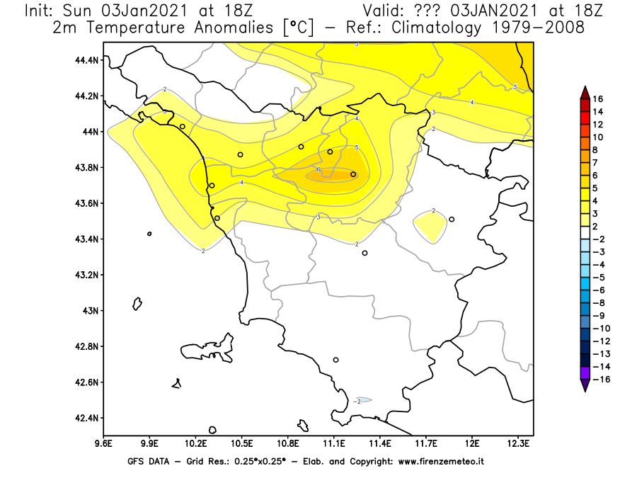 Mappa di analisi GFS - Anomalia Temperatura [°C] a 2 m in Toscana
									del 03/01/2021 18 <!--googleoff: index-->UTC<!--googleon: index-->