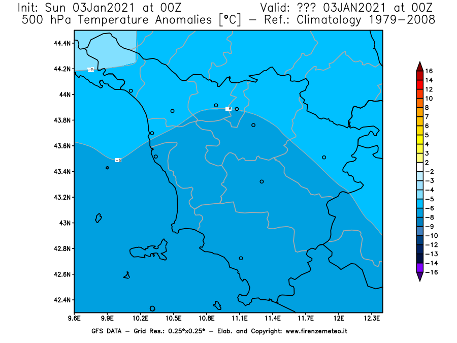 Mappa di analisi GFS - Anomalia Temperatura [°C] a 500 hPa in Toscana
									del 03/01/2021 00 <!--googleoff: index-->UTC<!--googleon: index-->