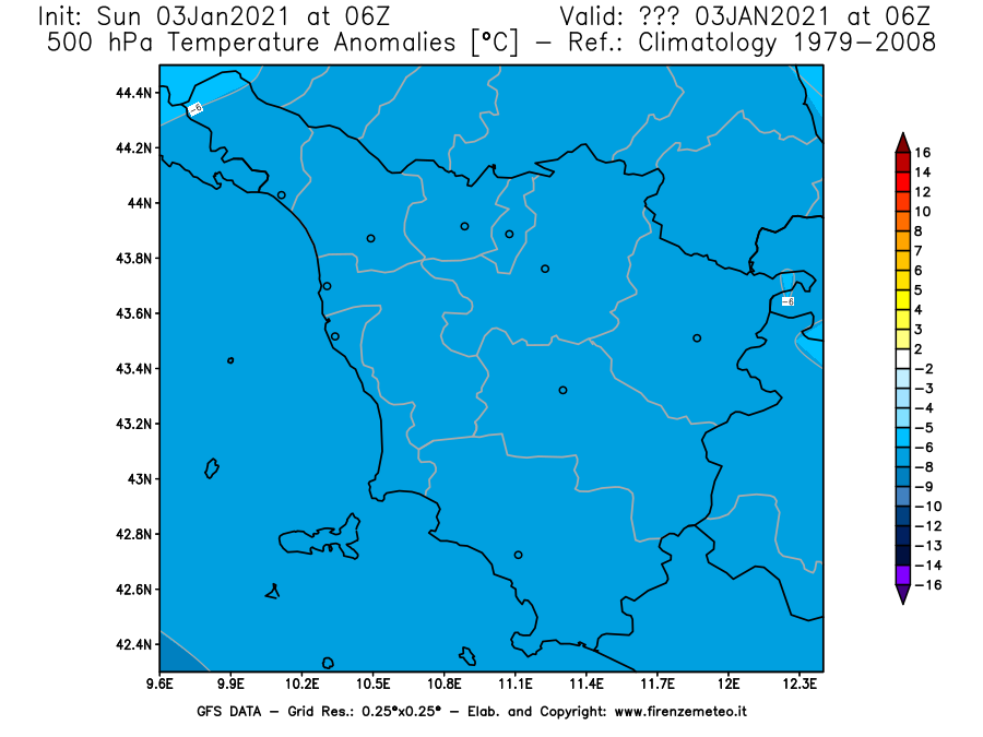 Mappa di analisi GFS - Anomalia Temperatura [°C] a 500 hPa in Toscana
							del 03/01/2021 06 <!--googleoff: index-->UTC<!--googleon: index-->