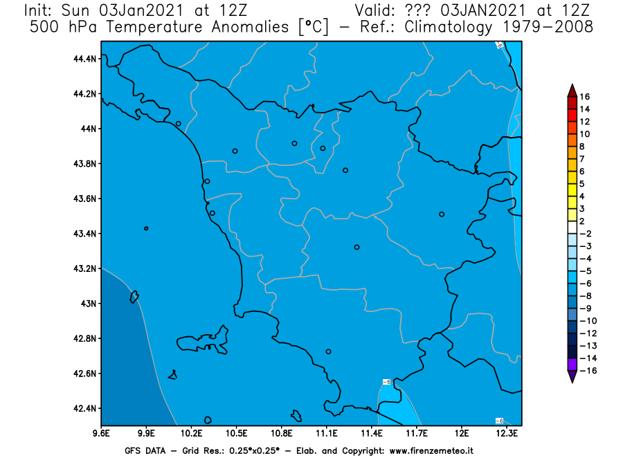 Mappa di analisi GFS - Anomalia Temperatura [°C] a 500 hPa in Toscana
									del 03/01/2021 12 <!--googleoff: index-->UTC<!--googleon: index-->