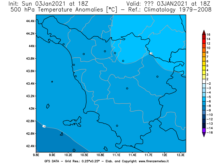 Mappa di analisi GFS - Anomalia Temperatura [°C] a 500 hPa in Toscana
							del 03/01/2021 18 <!--googleoff: index-->UTC<!--googleon: index-->