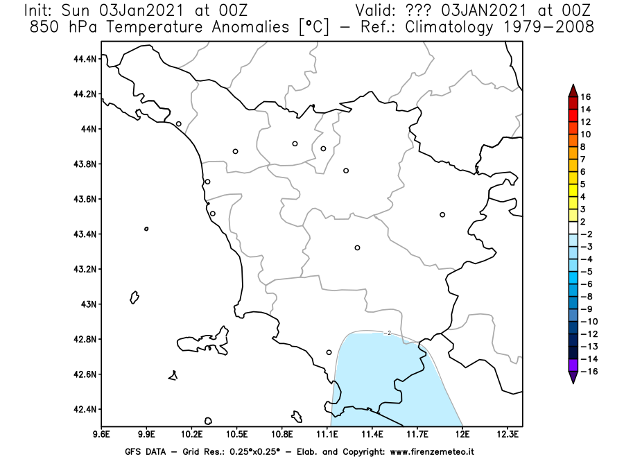 Mappa di analisi GFS - Anomalia Temperatura [°C] a 850 hPa in Toscana
							del 03/01/2021 00 <!--googleoff: index-->UTC<!--googleon: index-->