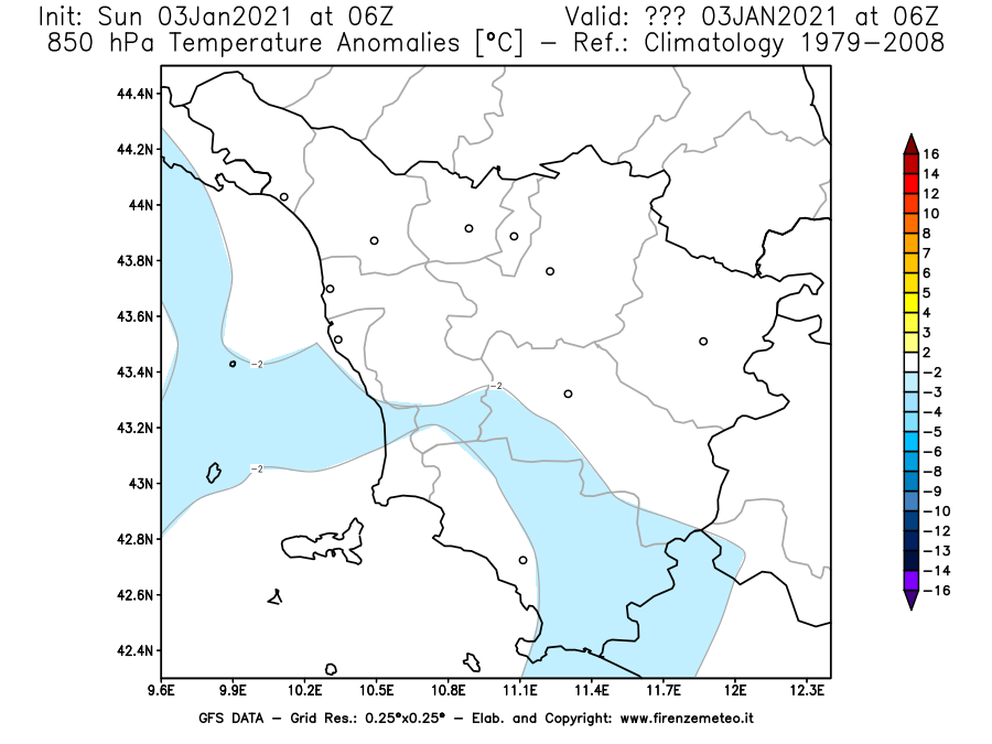 Mappa di analisi GFS - Anomalia Temperatura [°C] a 850 hPa in Toscana
							del 03/01/2021 06 <!--googleoff: index-->UTC<!--googleon: index-->