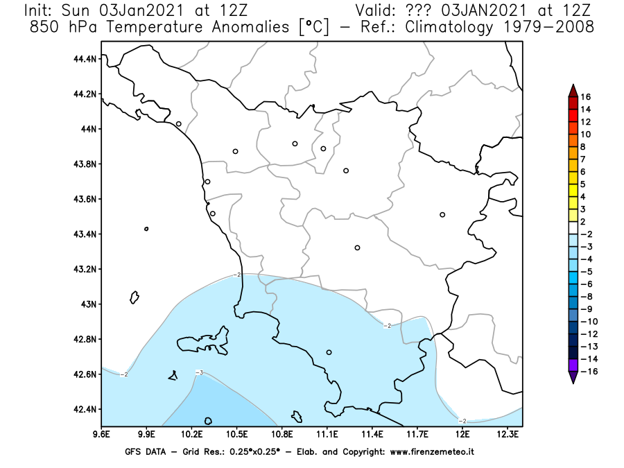 Mappa di analisi GFS - Anomalia Temperatura [°C] a 850 hPa in Toscana
									del 03/01/2021 12 <!--googleoff: index-->UTC<!--googleon: index-->