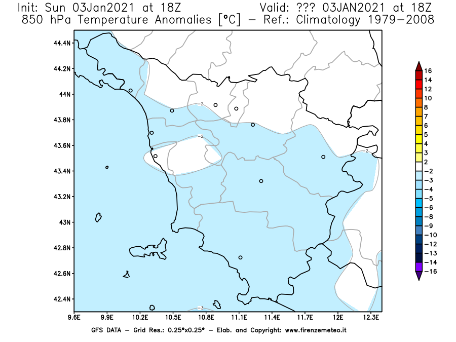 Mappa di analisi GFS - Anomalia Temperatura [°C] a 850 hPa in Toscana
							del 03/01/2021 18 <!--googleoff: index-->UTC<!--googleon: index-->