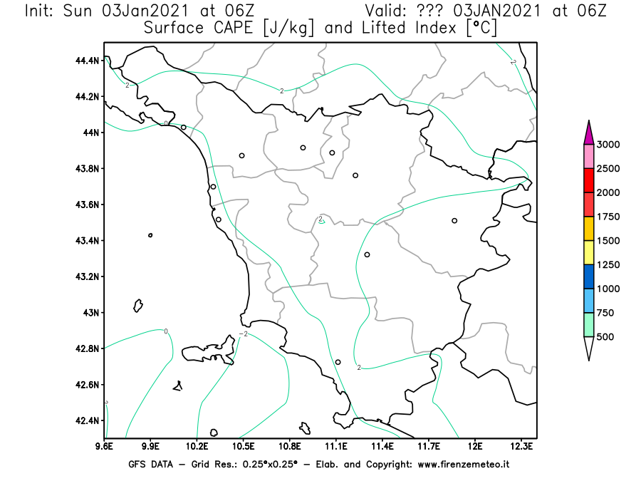 Mappa di analisi GFS - CAPE [J/kg] e Lifted Index [°C] in Toscana
							del 03/01/2021 06 <!--googleoff: index-->UTC<!--googleon: index-->