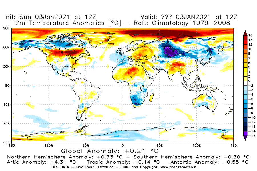 Mappa di analisi GFS - Anomalia Temperatura [°C] a 2 m in World
									del 03/01/2021 12 <!--googleoff: index-->UTC<!--googleon: index-->