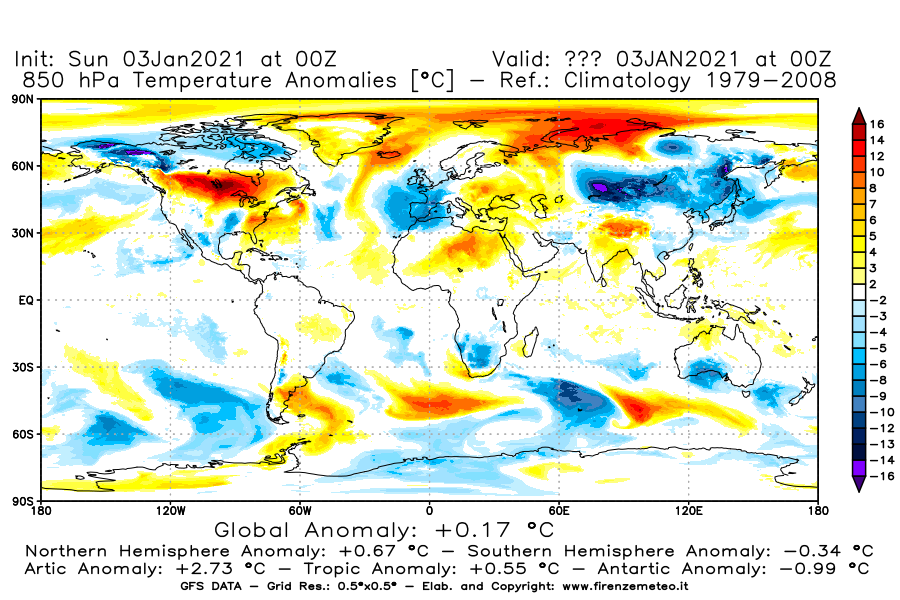 Mappa di analisi GFS - Anomalia Temperatura [°C] a 850 hPa in World
							del 03/01/2021 00 <!--googleoff: index-->UTC<!--googleon: index-->