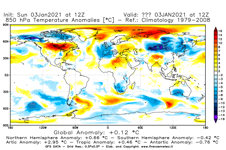 Mappa di analisi GFS - Anomalia Temperatura [°C] a 850 hPa in World
							del 03/01/2021 12 <!--googleoff: index-->UTC<!--googleon: index-->