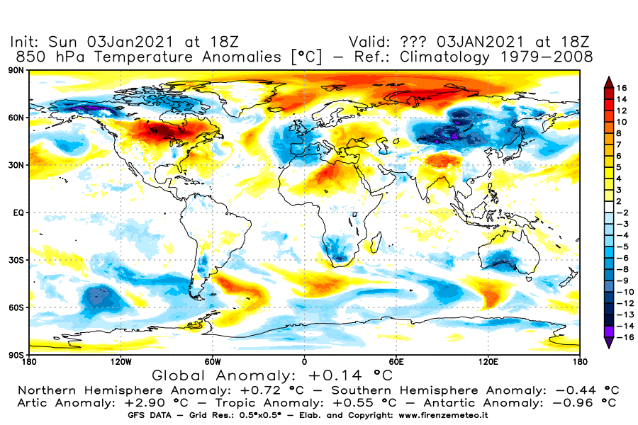 Mappa di analisi GFS - Anomalia Temperatura [°C] a 850 hPa in World
							del 03/01/2021 18 <!--googleoff: index-->UTC<!--googleon: index-->