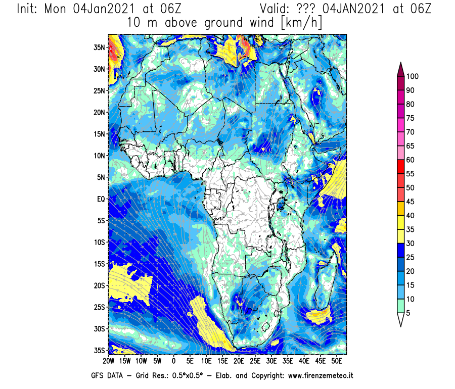 Mappa di analisi GFS - Velocità del vento a 10 metri dal suolo [km/h] in Africa
							del 04/01/2021 06 <!--googleoff: index-->UTC<!--googleon: index-->