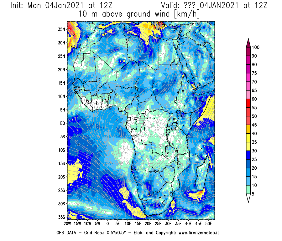 Mappa di analisi GFS - Velocità del vento a 10 metri dal suolo [km/h] in Africa
							del 04/01/2021 12 <!--googleoff: index-->UTC<!--googleon: index-->