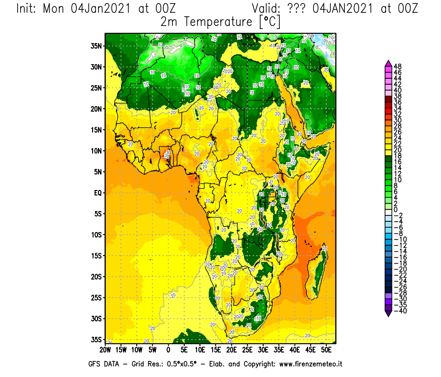 Mappa di analisi GFS - Temperatura a 2 metri dal suolo [°C] in Africa
									del 04/01/2021 00 <!--googleoff: index-->UTC<!--googleon: index-->