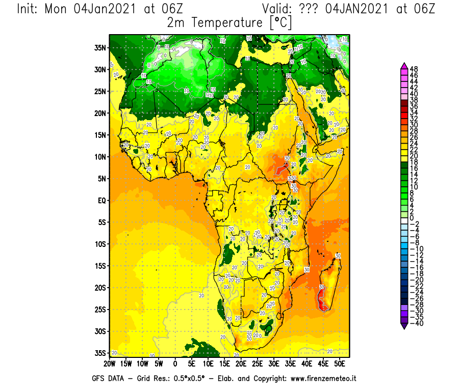 Mappa di analisi GFS - Temperatura a 2 metri dal suolo [°C] in Africa
							del 04/01/2021 06 <!--googleoff: index-->UTC<!--googleon: index-->