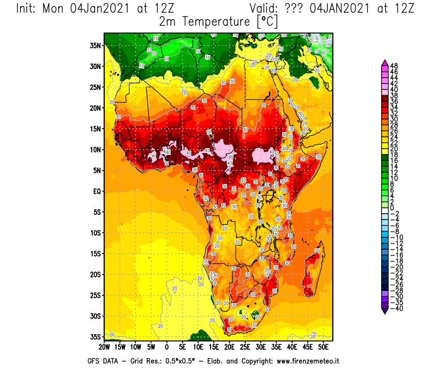 Mappa di analisi GFS - Temperatura a 2 metri dal suolo [°C] in Africa
									del 04/01/2021 12 <!--googleoff: index-->UTC<!--googleon: index-->