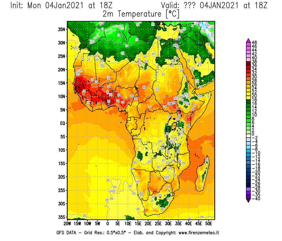 Mappa di analisi GFS - Temperatura a 2 metri dal suolo [°C] in Africa
							del 04/01/2021 18 <!--googleoff: index-->UTC<!--googleon: index-->